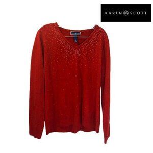 Karen Scott Red V-Neck Rhinestone Embellished Pullover Sweater‎